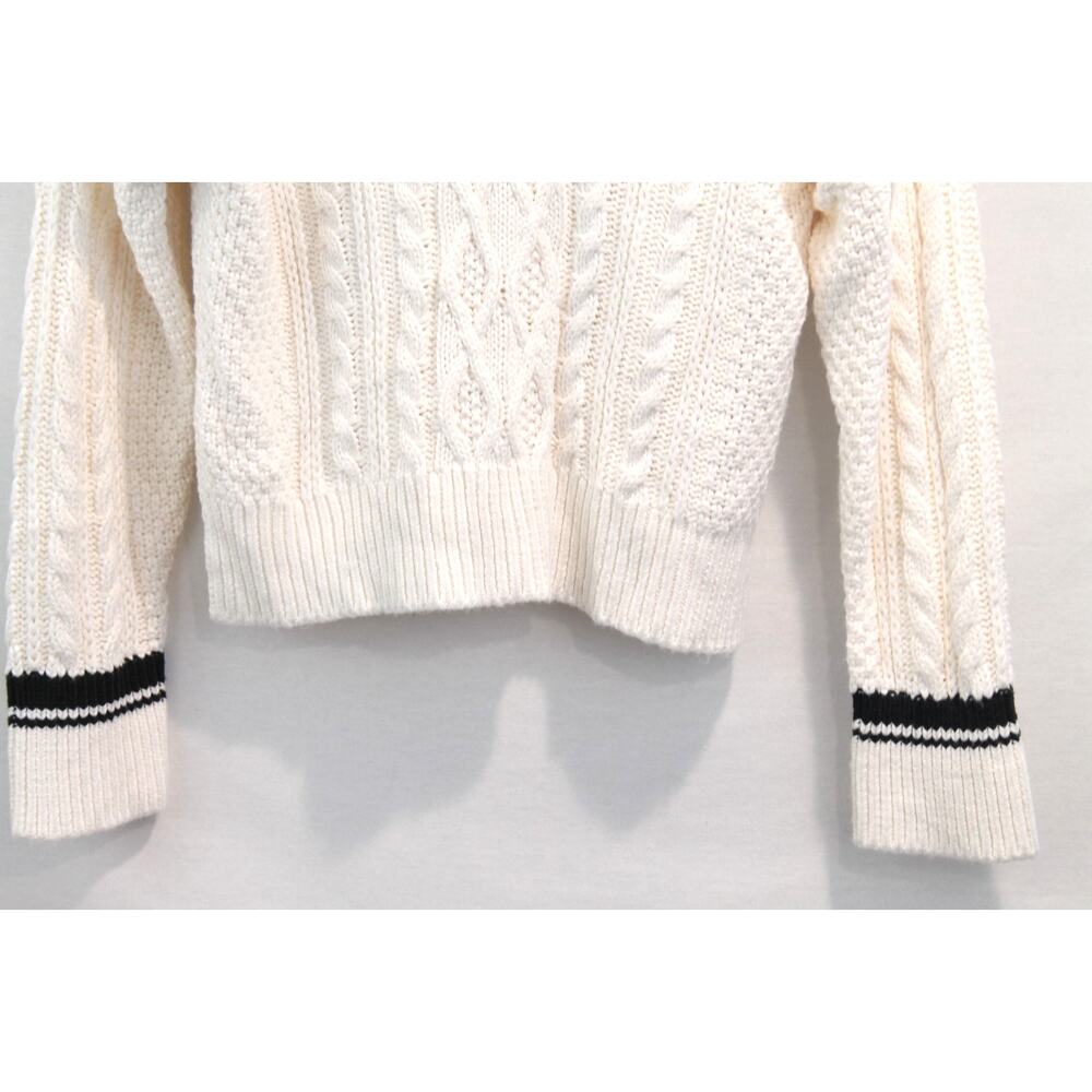 Abercrombie Fitch Sweater Womens size S Ivory Varsity Cable Cuff V-Neck Trim - Picture 3 of 8